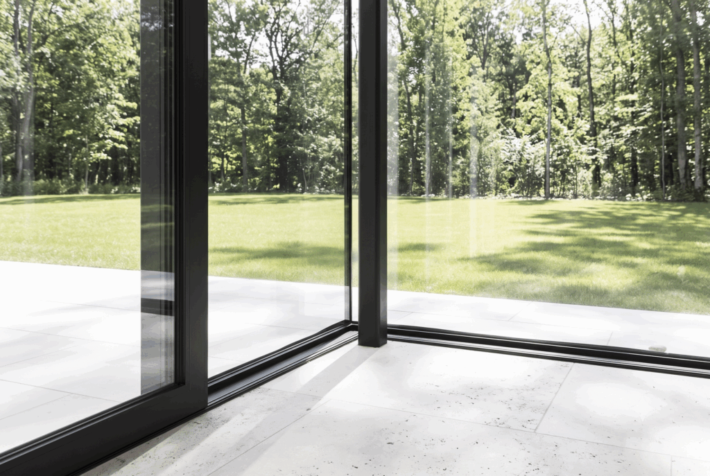 Glasanbau mit schwarzem Aluminiumrahmen und Blick ins Grüne.